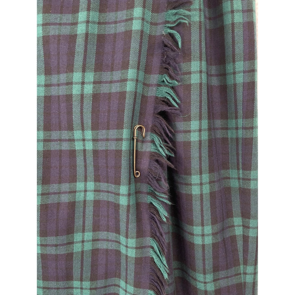 Rafaella Petites Wool Wrap Skirt Black Watch Plaid Fringed Midi Green Navy 12P - Picture 3 of 10